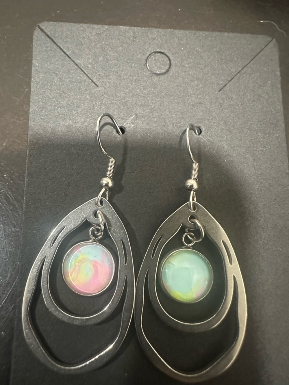 Opal-Effect Teardrop Dangle Earrings in Pastel Pink & Mint